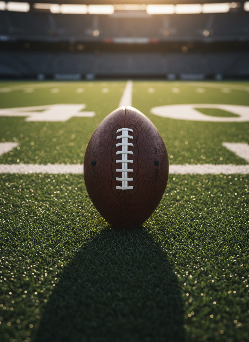 A pristine NFL game football with deep brown, pebbled leather and crisp white laces rests at the exact center of a bright green turf field. Bold, freshly painted hash marks and yard lines stretch into the distance, softly blurred. Late afternoon stadium light pours in from the upper edges of the frame, creating a golden rim of highlights on the ball’s textured surface and casting a long, dramatic shadow. Photographed at eye level with a shallow depth of field and photographic realism, the composition feels clean, modern, and professional, evoking anticipation and focus for daily NFL news and analysis.