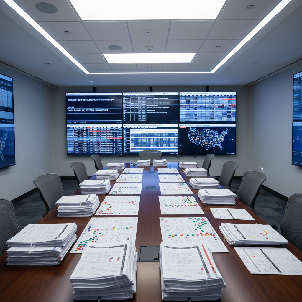 A sleek NFL rumors and transactions war room featuring a long, dark wood conference table covered with neatly stacked scouting reports, color-coded depth charts, and laminated roster boards marked with magnets. Multiple wall-mounted digital screens display live ticker-style headlines, salary cap spreadsheets, and a league-wide team map lit with subtle glows. Cool white overhead lighting mixes with the soft blue hue of monitor glow, creating a focused, strategic atmosphere. Captured with an eye-level, wide-angle composition in crisp photographic realism, the space feels organized, professional, and buzzing with off-field intrigue about trades, contracts, and daily news.