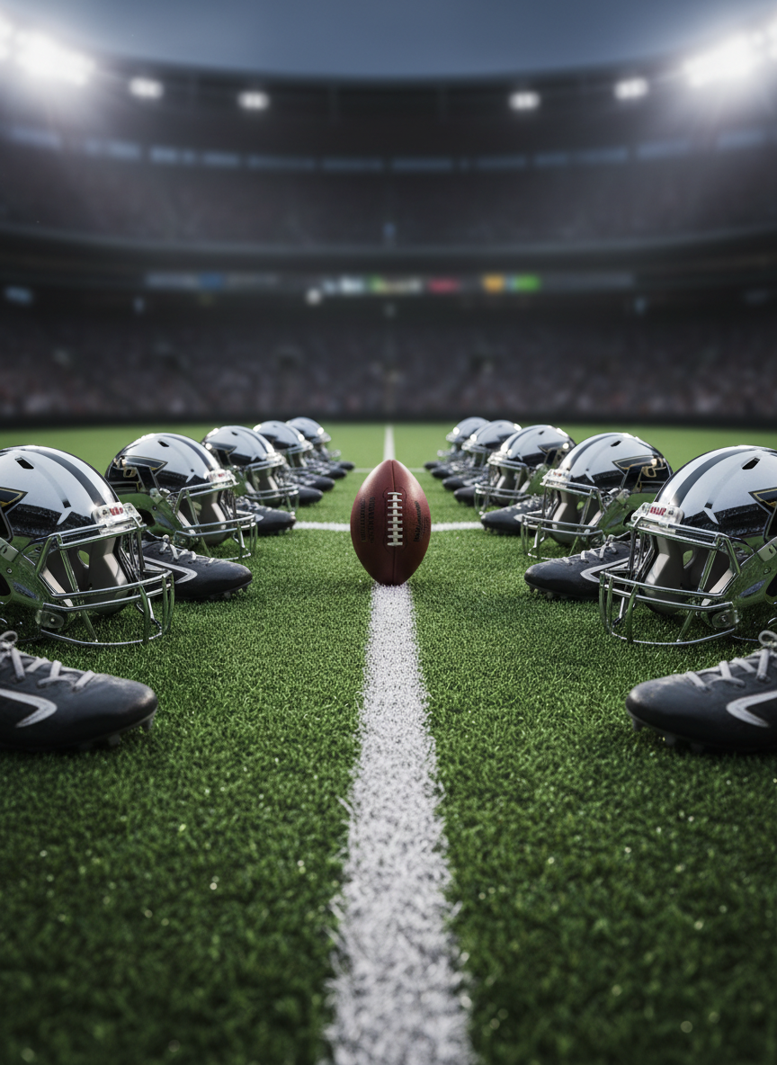 A dramatic close-up of a meticulously detailed NFL line of scrimmage scene rendered without any players, only equipment and environment. Helmets with glistening facemasks, shoulder pads, and cleats are neatly arranged along the turf, facing each other across the neutral zone. The bright white line of scrimmage is perfectly centered, with the ball placed precisely on it. Overhead stadium lights beam down, creating high-contrast highlights on polished plastic and rubber textures, while the crowd and upper stadium remain softly blurred. Shot from a low, almost ground-level perspective in photographic realism, the atmosphere is intense, competitive, and game-ready.