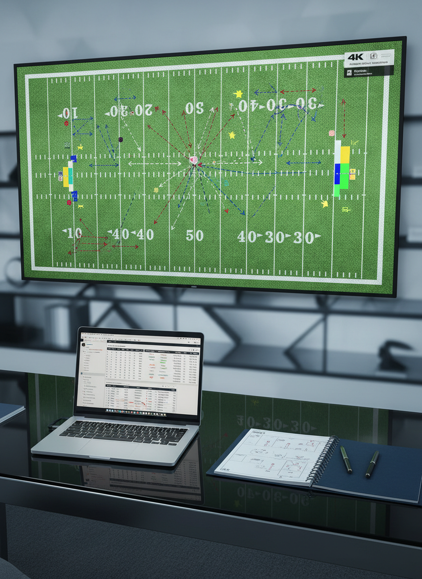 A polished, ultra-modern NFL film study setup featuring a large, wall-mounted 4K screen frozen on a detailed all-22 field view diagram, complete with precise route trees, defensive shells, and clear yard markers. On the sleek black desk below, a high-end laptop displays advanced stats and charts, alongside a spiral-bound playbook opened to neatly drawn formations. Cool, balanced studio lighting creates soft reflections on the metal and glass surfaces, while leaving the background subtly out of focus. Captured from a slightly elevated angle in sharp photographic realism, the mood is analytical, professional, and data-driven, ideal for expert breakdowns and scheme analysis.