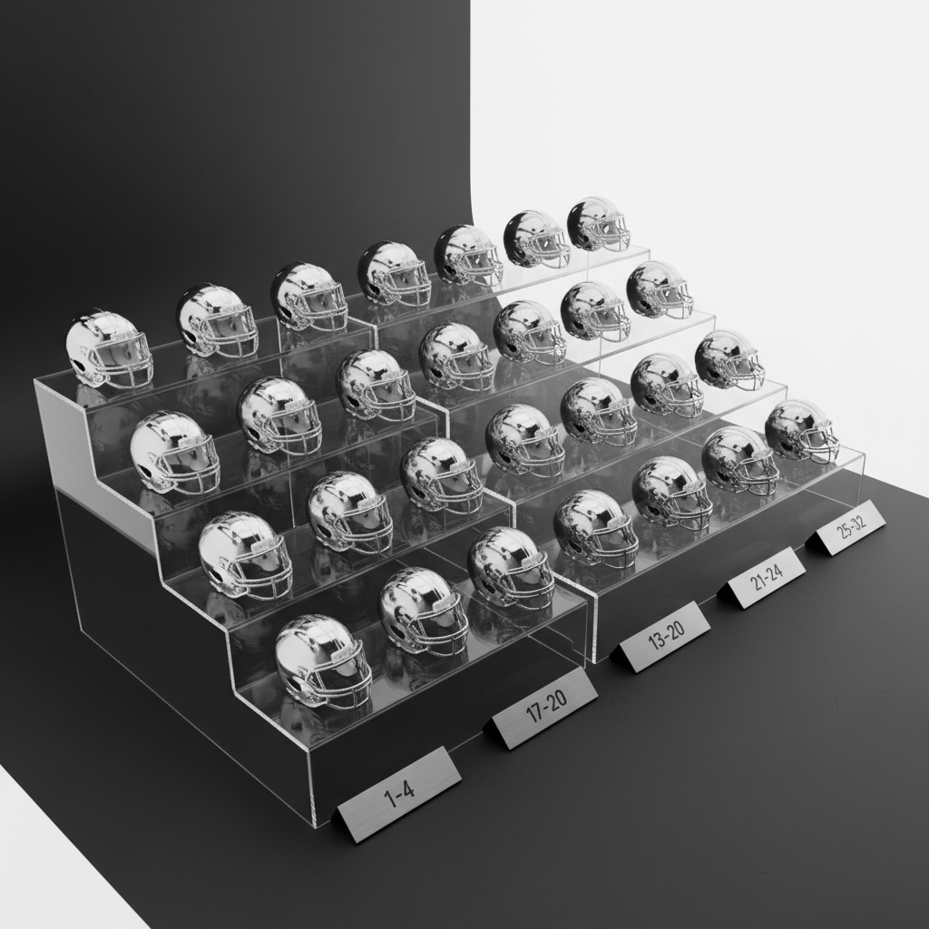 A minimalist NFL weekly power rankings concept with thirty-two identical, small metallic football helmets arranged on staggered acrylic platforms of varying heights, symbolizing team tiers. Each platform is numbered with clean, sans-serif typography etched into brushed aluminum plaques. The scene sits on a matte black surface inside a soft lightbox, with diffused white studio lighting creating gentle reflections and subtle gradients across the chrome surfaces. Shot from a slightly elevated angle with sharp focus and a clean, modern composition, the image conveys order, hierarchy, and professional evaluation, perfectly suited for ranking articles and structured analysis content.